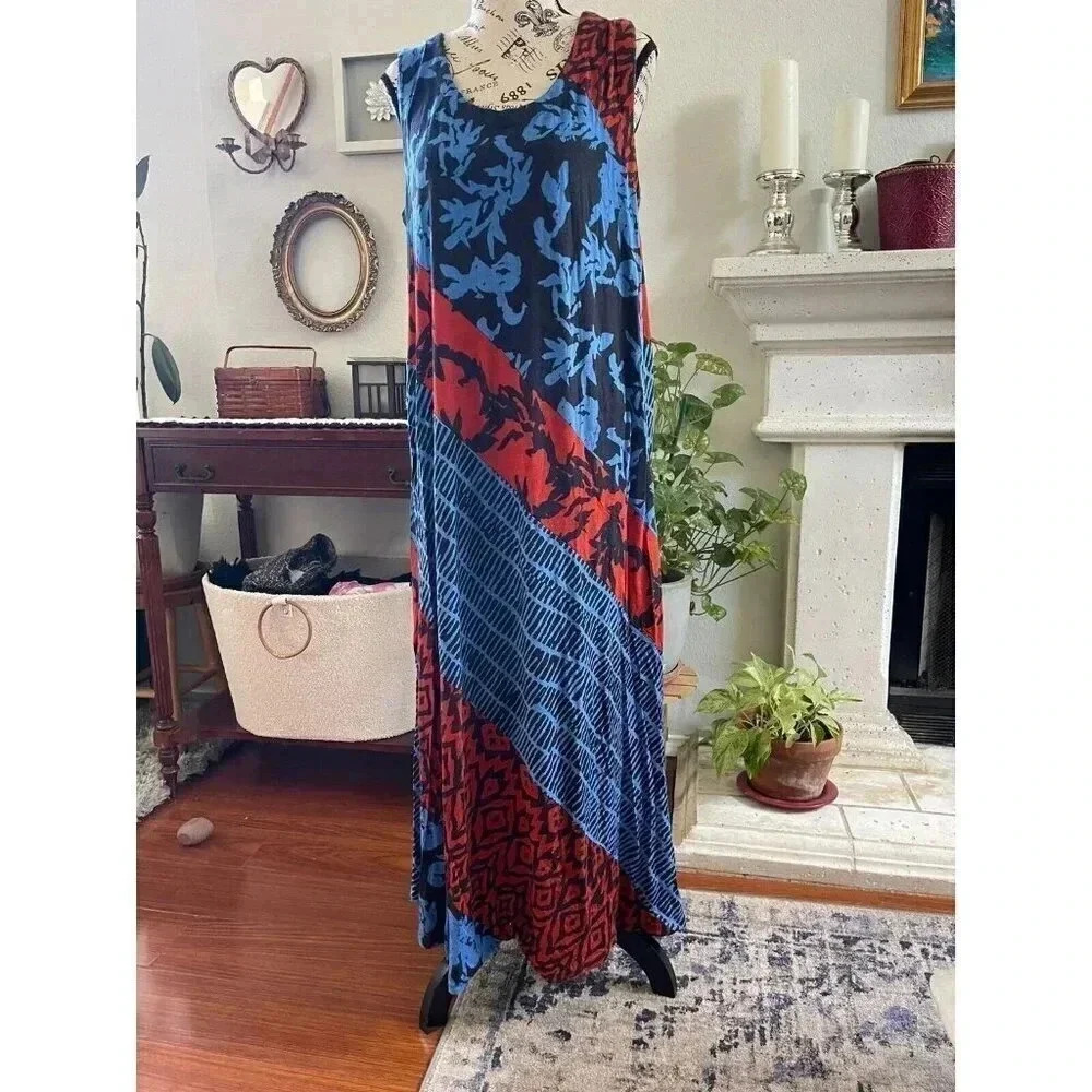 Soft‎ Surroundings Women's Maxi Dress Size PL Red Blue Print Tank Jersey Knit